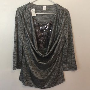Allure Women’s silver & Black NEW Sequined plunge Blouse Size Large Stunning
